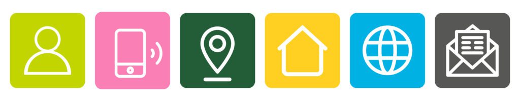 Person, phone, location, home, online and envelope icons