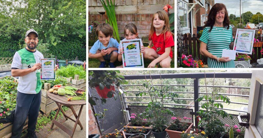 Three winners pictured with their certificates plus one garden picture