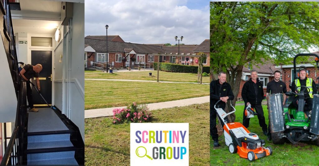 composite showing a man cleaning a stairwell, a grassed area in front of bungalows and a group of estate services workers with equipment.