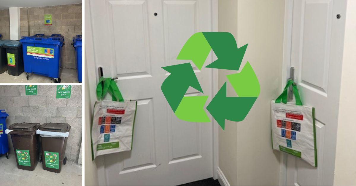 collage of recycling bins and bags
