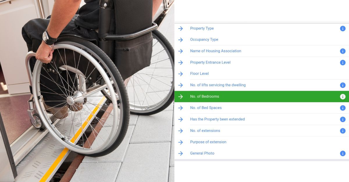 image showing a wheelchair user going through a doorway plus a screenshot of the accessible register screen