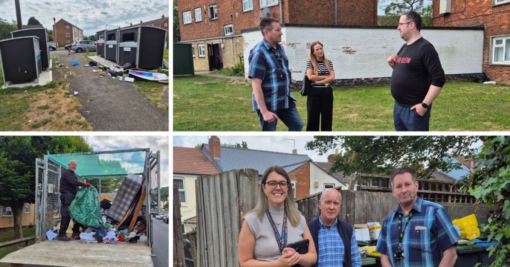collage of photos showing examples of fly tipping and door knocking exercise