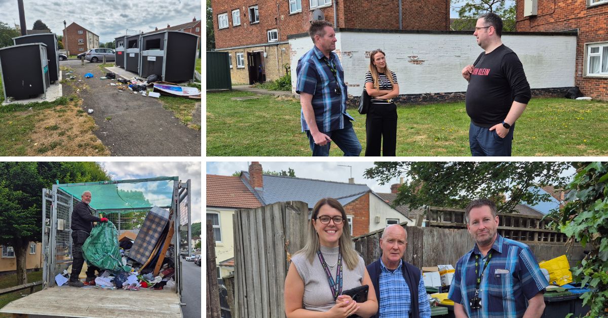 collage of photos showing examples of fly tipping and door knocking exercise