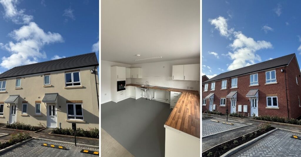 image left to right: 2 storey semi-detached house with cream coloured render; adjustable kitchen for wheelchair user; 2 storey terraced houses with brown render.