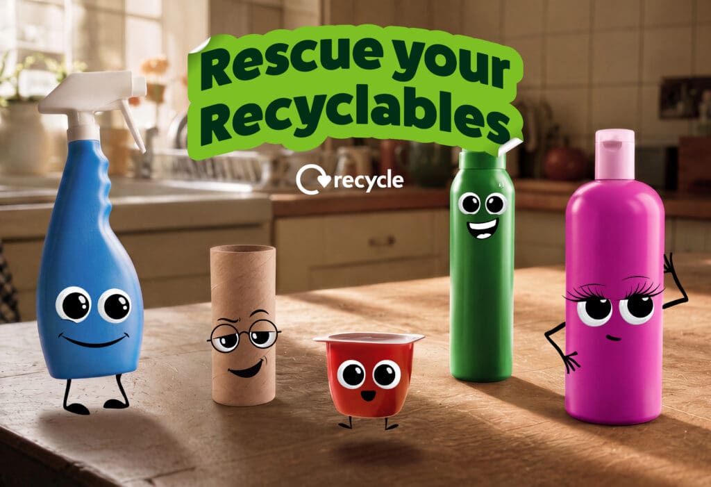 Reuse your Recyclable. Five plastic household items with faces drawn onto them lined up on a kitchen counter.