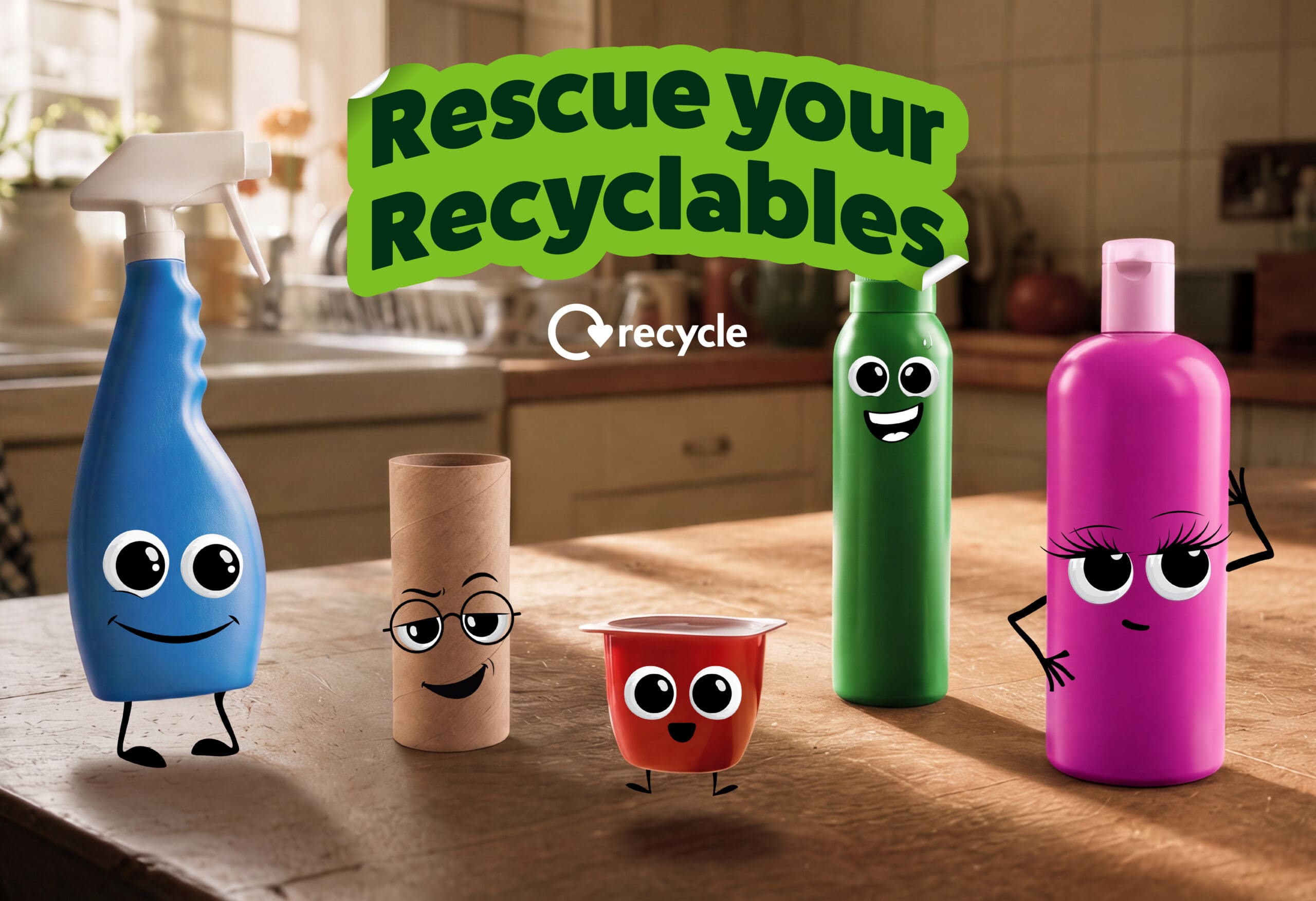 Reuse your Recyclable. Five plastic household items with faces drawn onto them lined up on a kitchen counter.