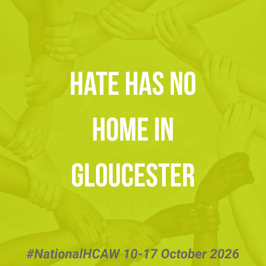 A ring of hands holding each other, with the text 'Hate has no home' overlayed. At the bottom, the text reads '#NationalHCAW 10-17 October 2026'
