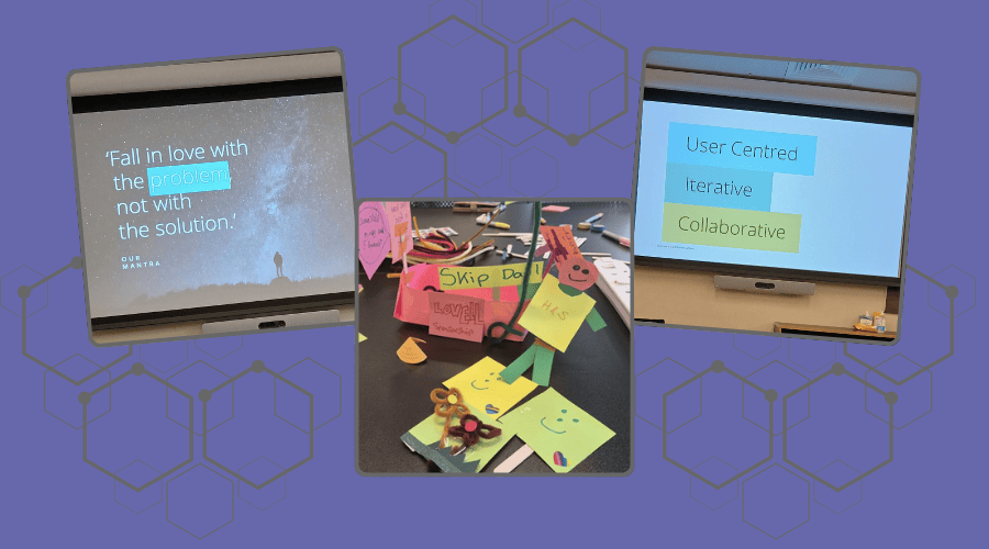 A collage of three images which feature: - Presentation slide with the words 'Fall in love with the problem not with the solution' - Presentation slide with the words 'User Centred, Iterative, Collaborative' - A waste skip and stick man made out of post it notes
